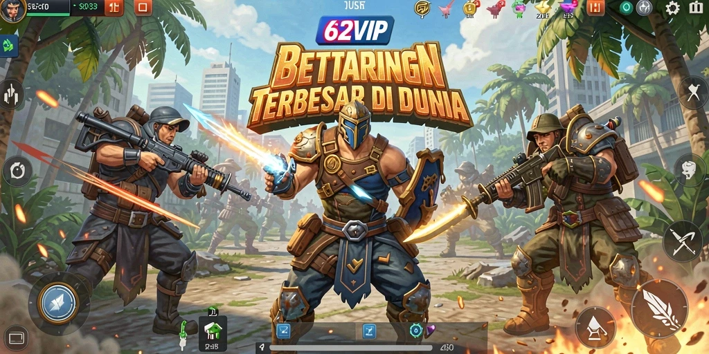 Tangkapan layar 62VIP menampilkan aksi gameplay Battle Royale yang mendebarkan.