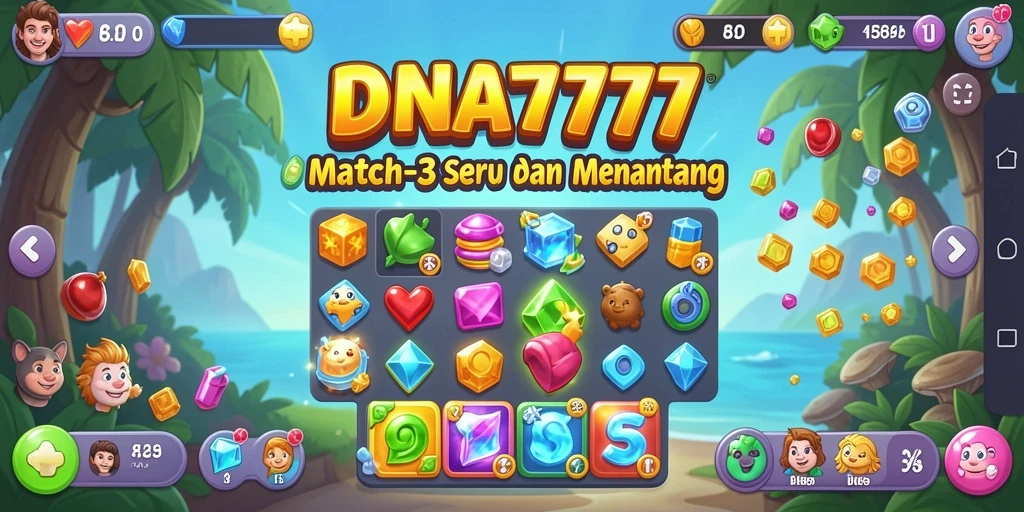 Screenshot DNA777 menampilkan gameplay seru dari permainan Match-3.