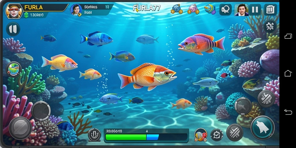 Screenshot gameplay FURLA77 menampilkan aksi menembak ikan yang seru.