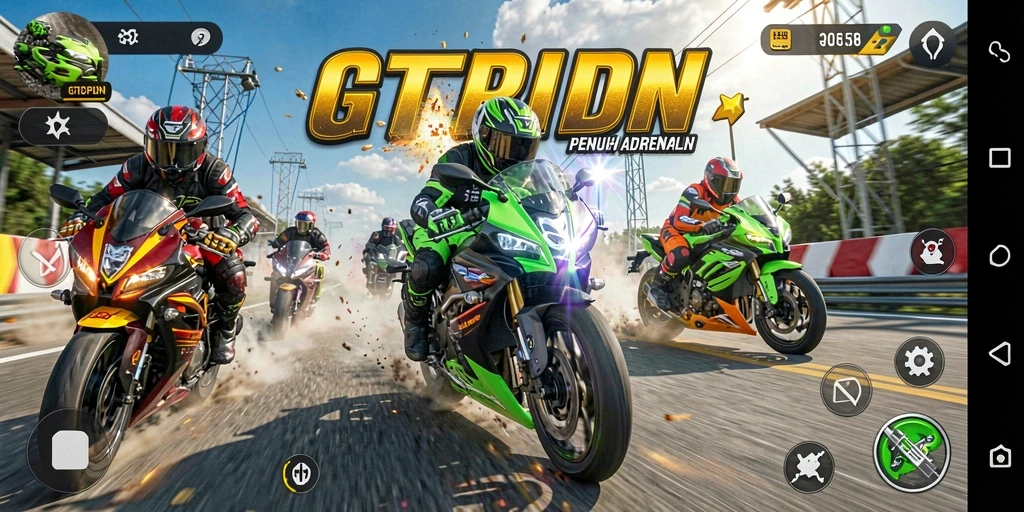 Screenshot gameplay GTPIDN yang menunjukkan aksi balapan motor mendebarkan.