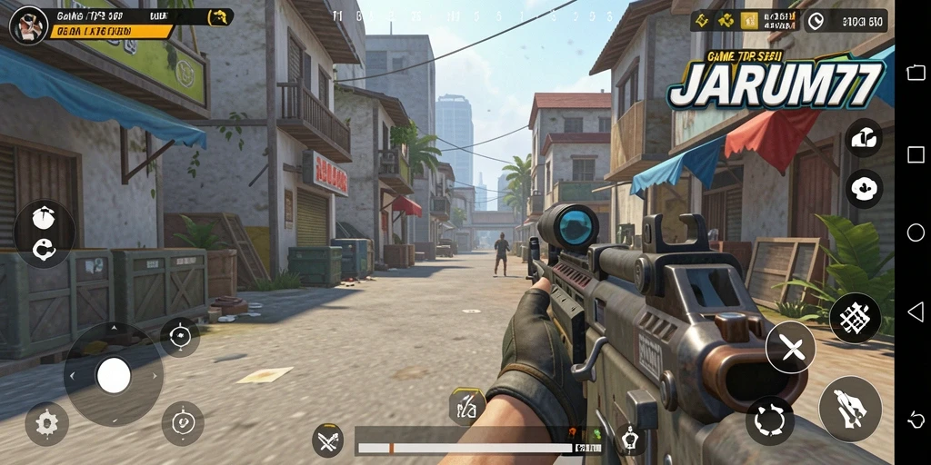 Gameplay JARUM77 menampilkan aksi tembak-menembak seru dalam suasana pertempuran.