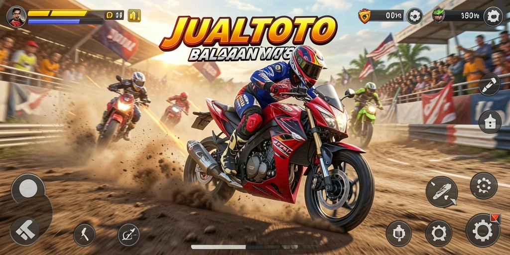 Screenshot menunjukkan aksi balapan seru di JUALTOTO dengan motor cepat.
