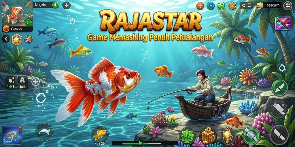 Tampilan layar gameplay RAJASTAR yang menampilkan aksi memancing seru.