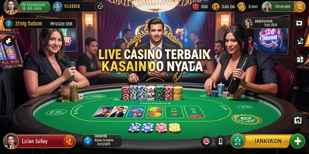 Screenshot gameplay T6 yang menampilkan dealer langsung dan permainan kasino.